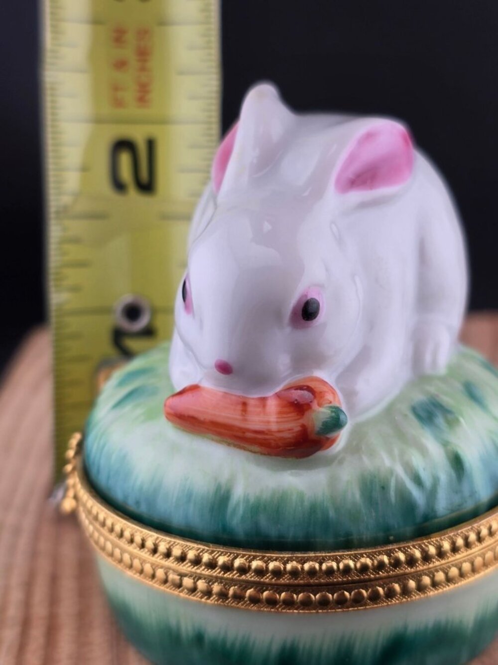 Bunny Porcelain Trinket Box Gold Trim Hinged Lid Hand-Painted 2.25" - Picture 7 of 8